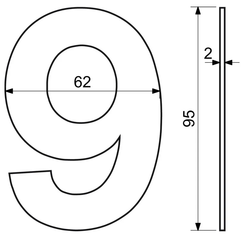 "9" házszám, RN.95L, rozsdamentes acél