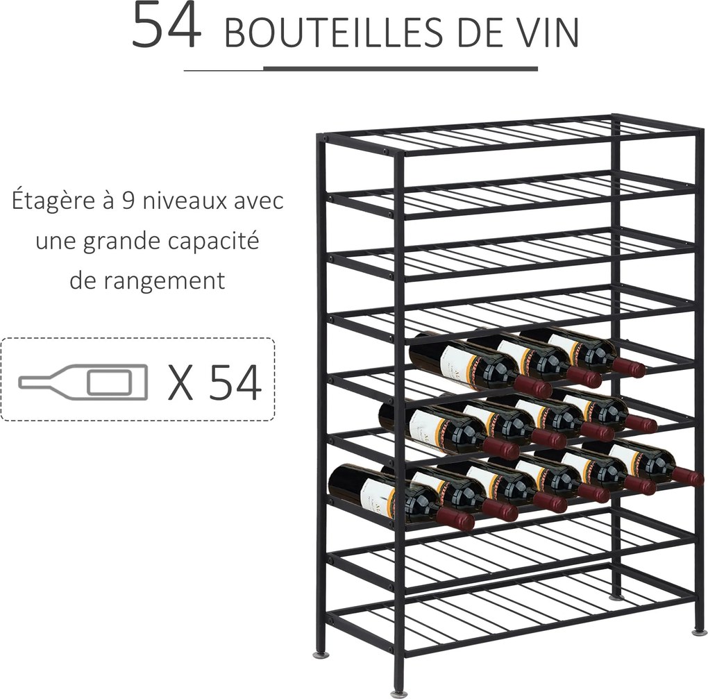 HOMCOM Bor állvány palackszekrény - 54 palack kapacitás - 63L x 25W x 91H cm fekete fém | Aosom