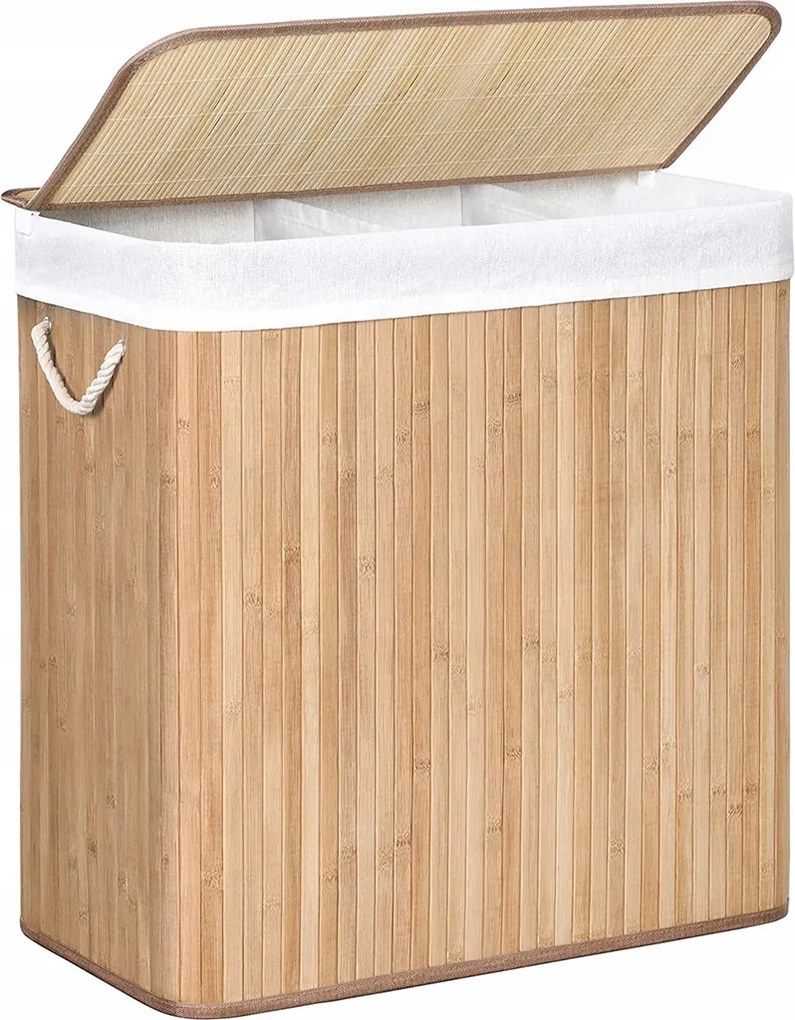 Szennyestartó kosár 3 szekcióval, patentos fedéllel és fogantyúkkal, összecsukható 150L