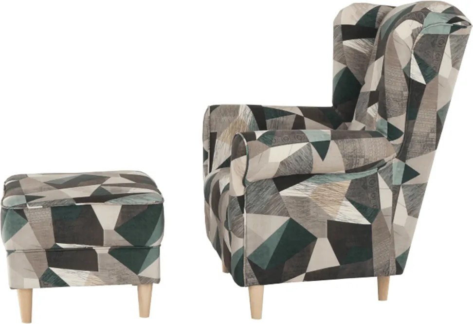 Füles fotel puffal, szövet barna-zöld minta, ASTRID