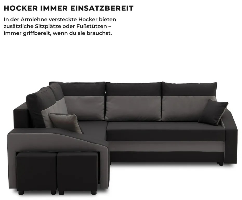 Grande sarokkanapé polcokkal és puffokkal , polc a jobb karfaban puffok a bal karfaban, baloldali, szövet anyag, hab töltet, fekete - szürke