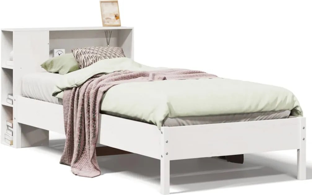vidaXL fehér tömör fenyőfa könyvespolcos ágy matrac nélkül 75 x 190 cm