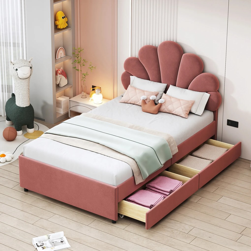 Kárpitozott ágy Gyerekágy 90x200cm 2 fiókos bársony rózsaszín