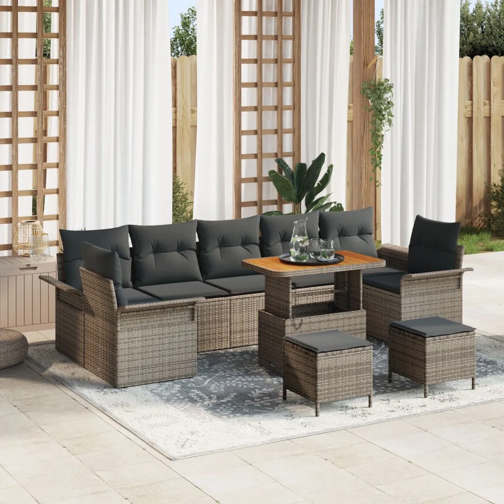 10 darabos kerti kanapé szett párnákkal Szürke Poli-Rattan Akáciával, 2 személyes kerti kanapé tárolóval és párnákkal Szürke Poli-Rattan, 3 darabos kerti étkező szett párnákkal Szürke Poli-Rattan Akáciával
