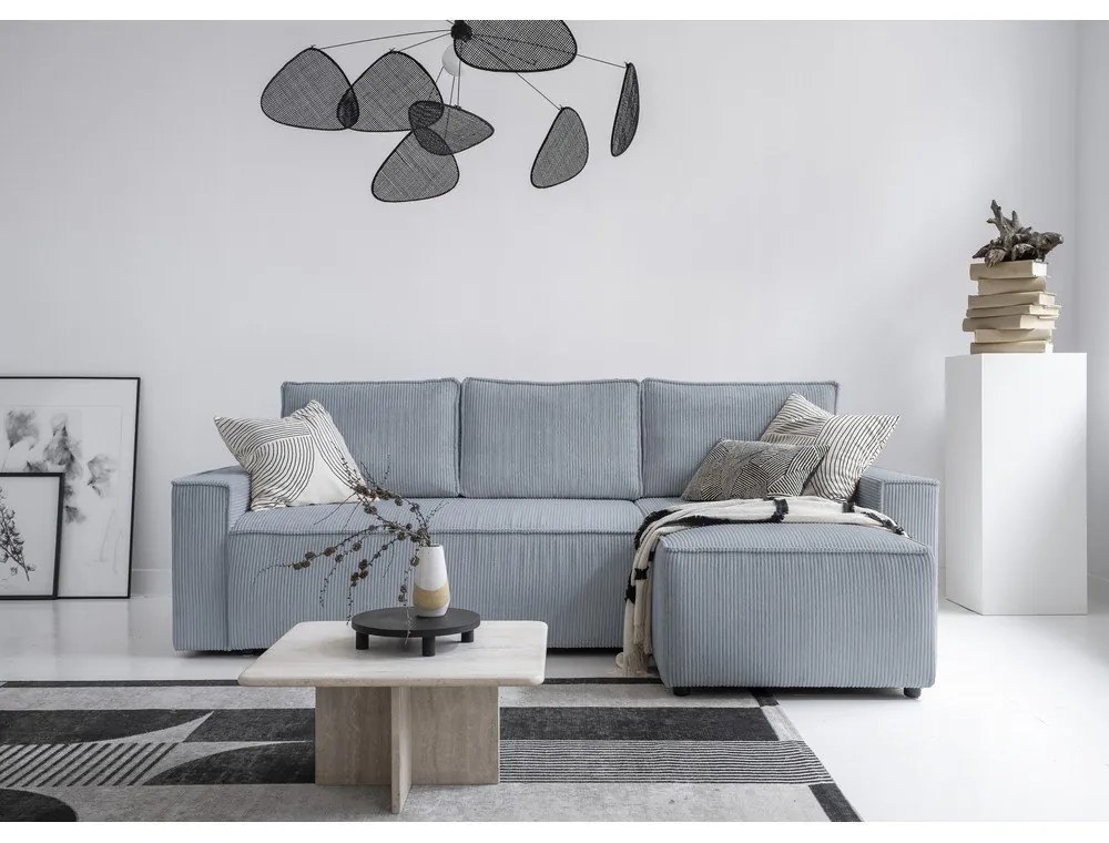 Világosszürke kordbársony kinyitható sarokkanapé (variálható) Brave Dave – Miuform