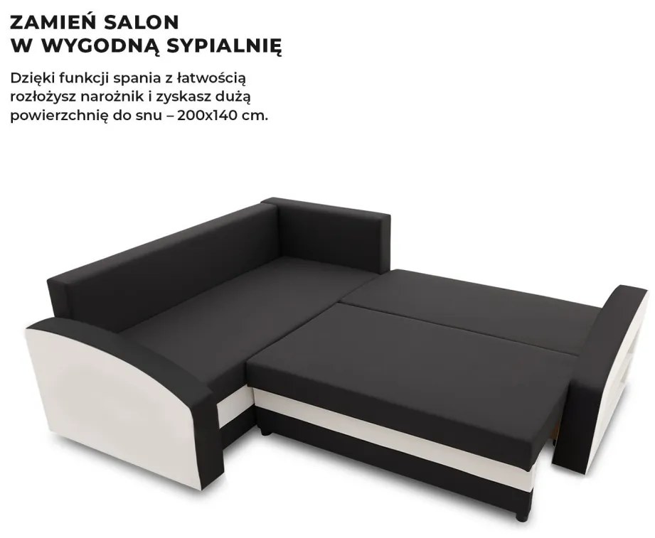 Grande sarokkanapé polcokkal , polc a jobb karfaban, baloldali, szövet anyag, bonell töltet, fekete - fehér