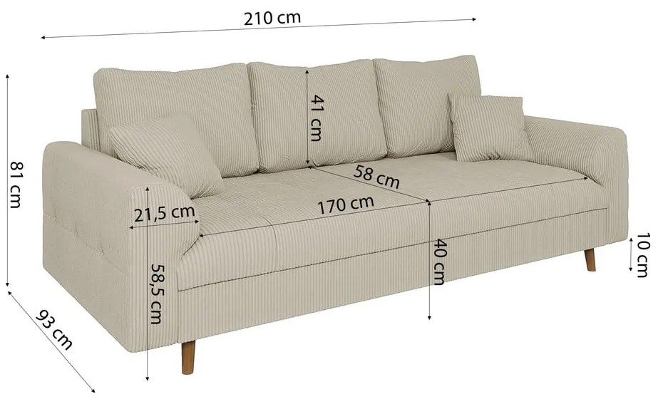 Bézs kordbársony kanapé 210 cm Ariella – Ropez
