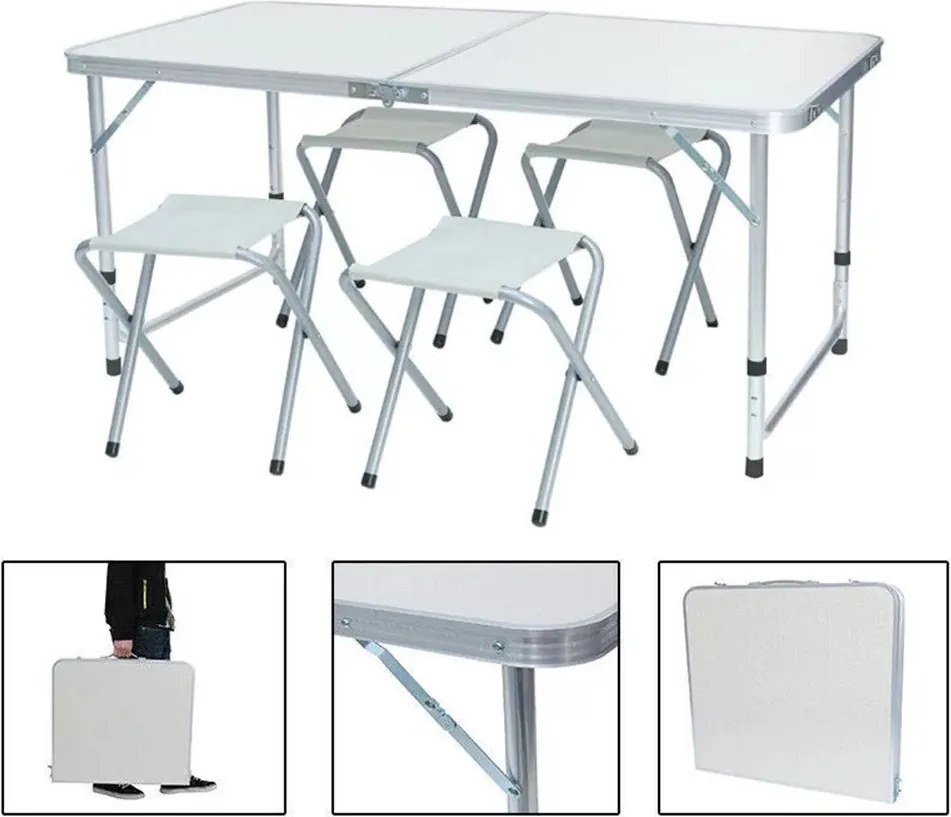 Kempingasztal szett, 1 összecsukható, állítható magasságú asztallal és 4 székkel, fehér, fémvázas, hordozható kivitel, 30 kg teherbírás
