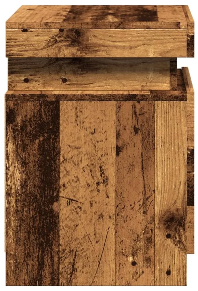 2 db antik fa színű szerelt fa LED-es éjjeliszekrény 35x39x55cm