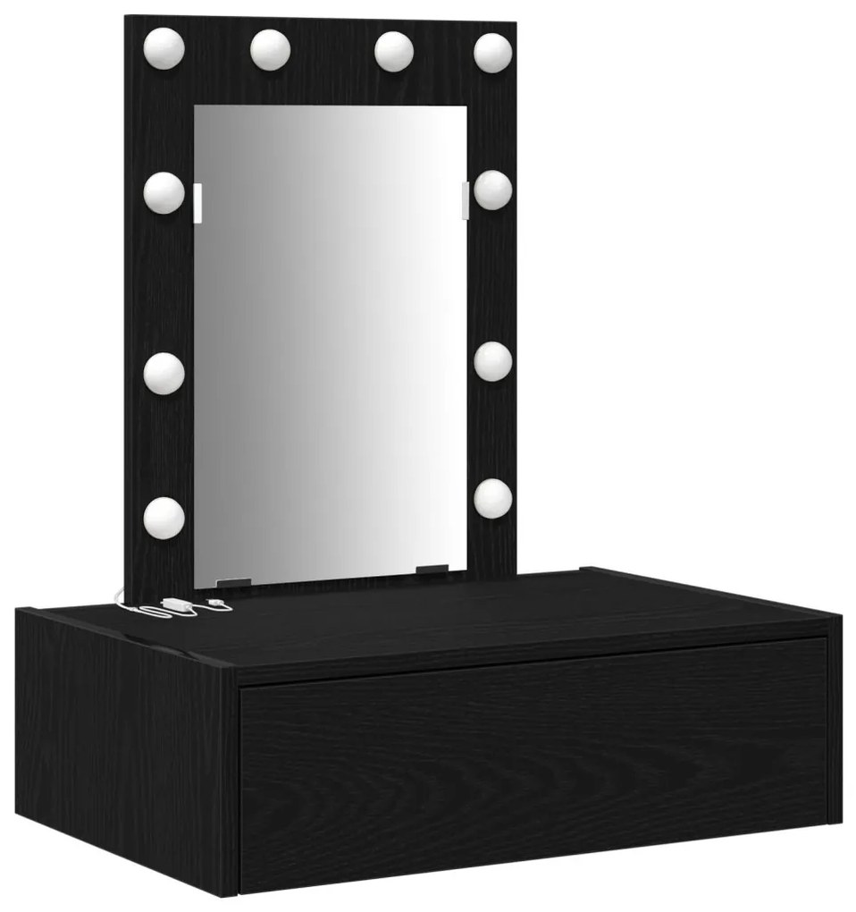 vidaXL Öltözködőasztal tükör lámpákkal Fekete 60 x 40 x 70 cm Faanyag
