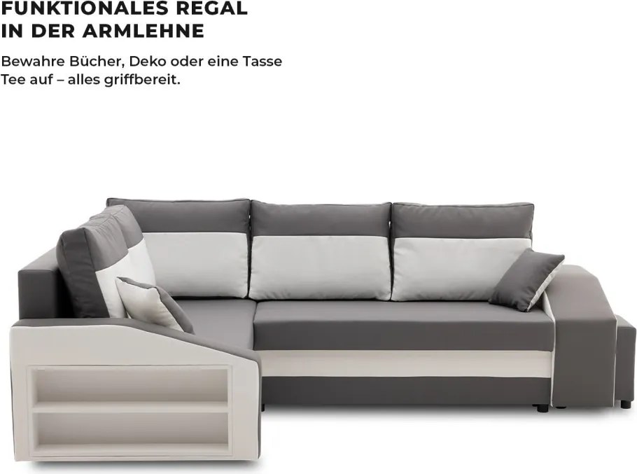 Grande sarokkanapé polcokkal és puffokkal , polc a bal karfaban puffok a jobb karfaban, baloldali, szövet anyag, hab töltet, szürke - fehér