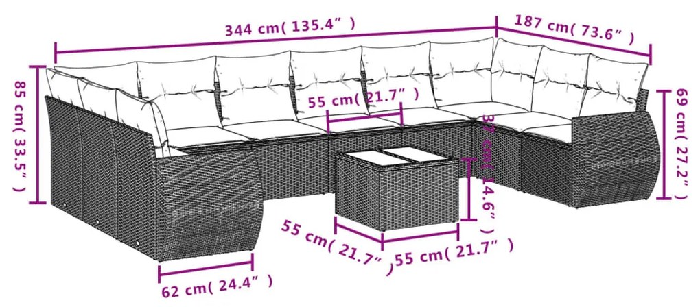 10 részes barna polyrattan kerti ülőgarnitúra párnákkal