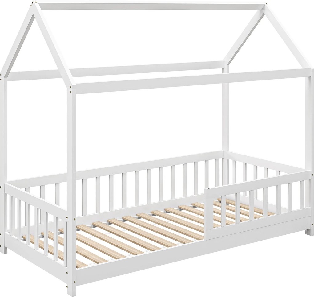 HOMCOM Montessori Gyermekház Ágy, 90x190 cm, Gyerekágy Házforma 15 Ráccsal, Fenyőfából Készült Váz és Védőkorlátok, Fehér | Aosom