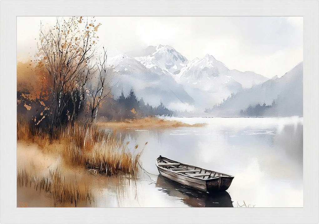 Poszter Keret Fa Tájkép Szabadtéri Hegyek Tó Csónak Köd Ősz 60x40