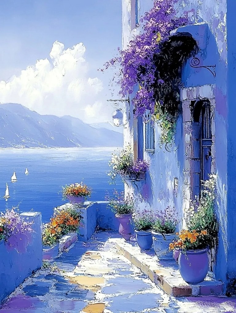 Vászonkép Canvas Tájkép Kilátás Görögország Tenger Ház Terasz Virágok 60x80