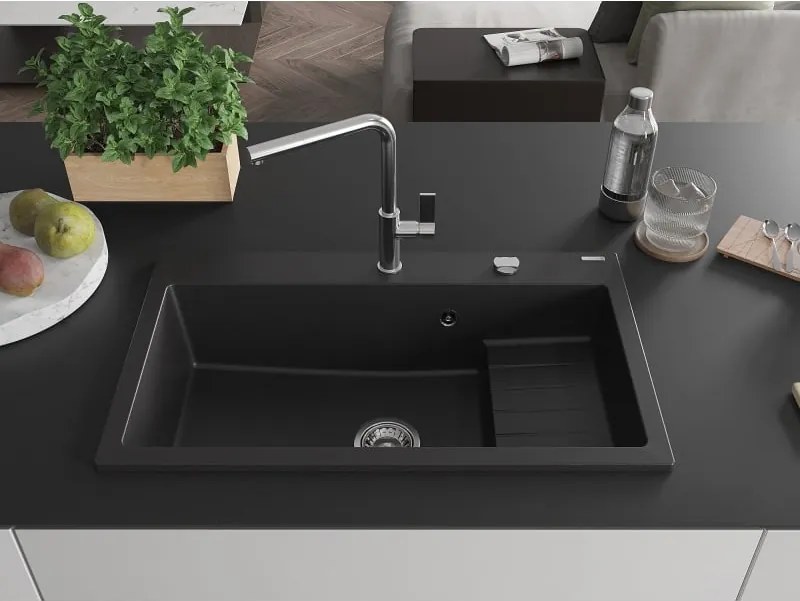 Mexen Omar 1-medencés, gránit mosogató 800 x 480 mm, fekete, króm szifon - 6520801005-77