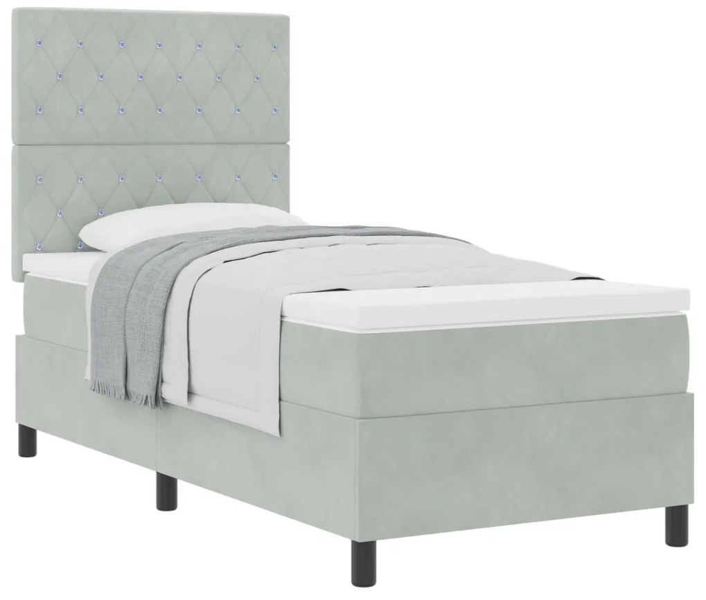 Boxspring Ágy Matrac Könnyű Szürke Egyszemélyes Bársonyos