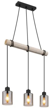 Globo 15465-3H Függeszték fém fekete matt, természetes színű fa, füstszínű üveg, körbetekerhető kábel, HxSzxM: 500x100x1400mm, 3x E27 40W 230V izzók nélkül