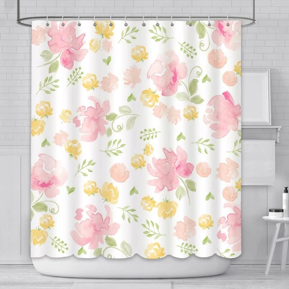 Zuhanyfüggöny 180x180 cm, Virág mintás, Akasztós szett