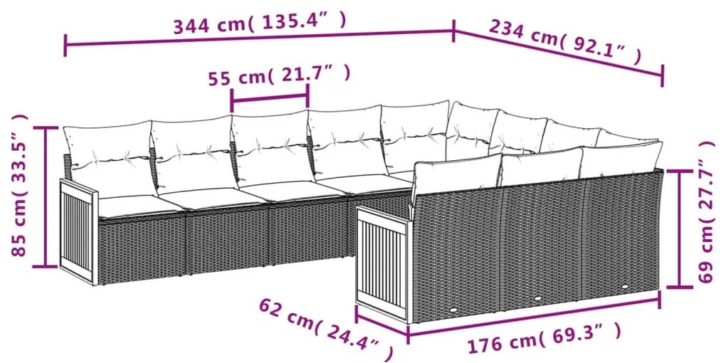 10 részes fekete polyrattan kerti ülőgarnitúra párnákkal