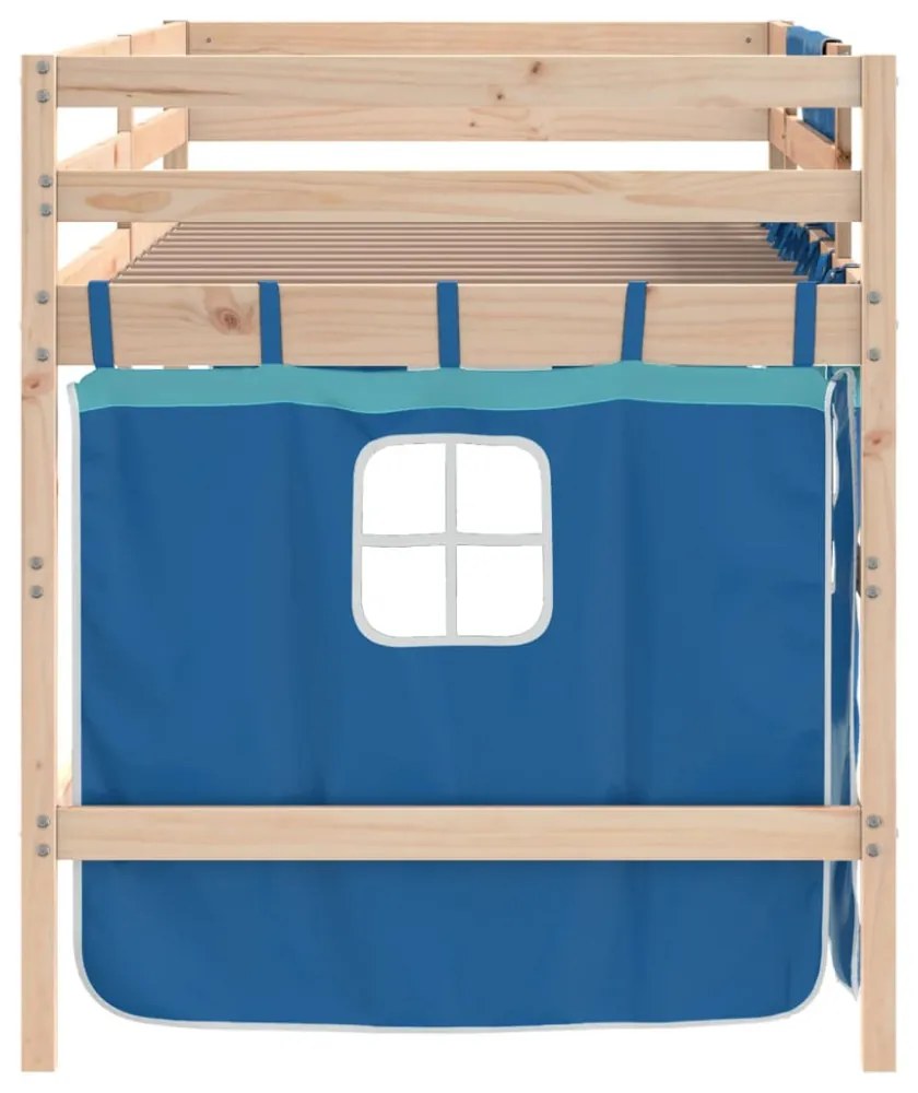 kék tömör fenyőfa gyerek galériaágy függönnyel 90 x 190 cm