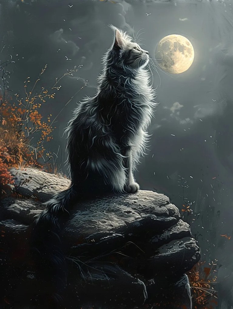 Vászonkép Canvas Éjszaka Sötét Ég Hold Szürke Macska 75x100