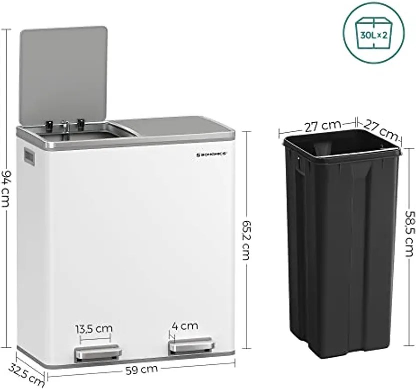 Dupla szemetes, fém szelektív hulladékgyűjtő 15 szemeteszsákkal, 2 × 30 L, fehér–szürke