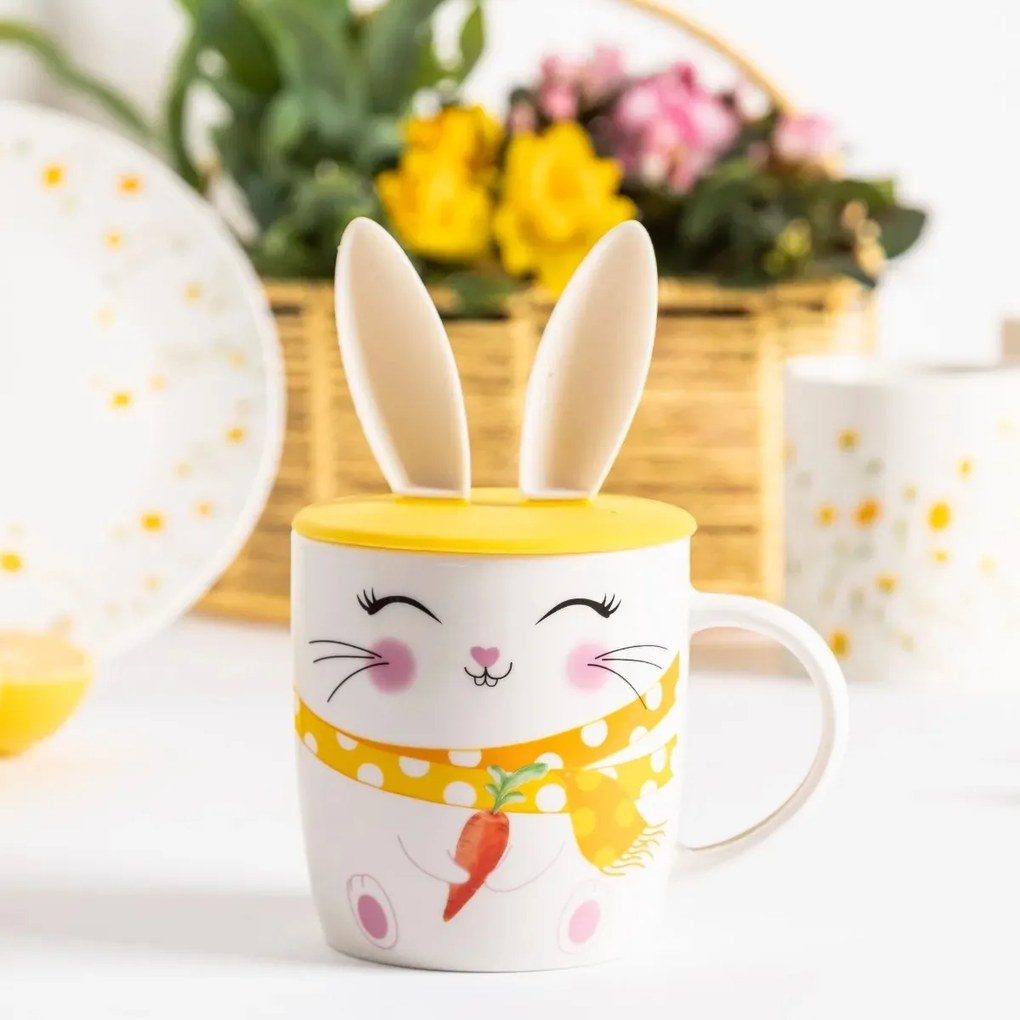 Altom Porcelánový hrnek Veselý králíček sesilikonovým víčkem, 400 ml