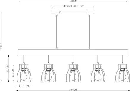 Globo 15326-5N Függeszték fém fekete drótháló búrával, natúr fa betéttel. LxBxH:1040x136x2090, exkl. 5xE27 40W 230V