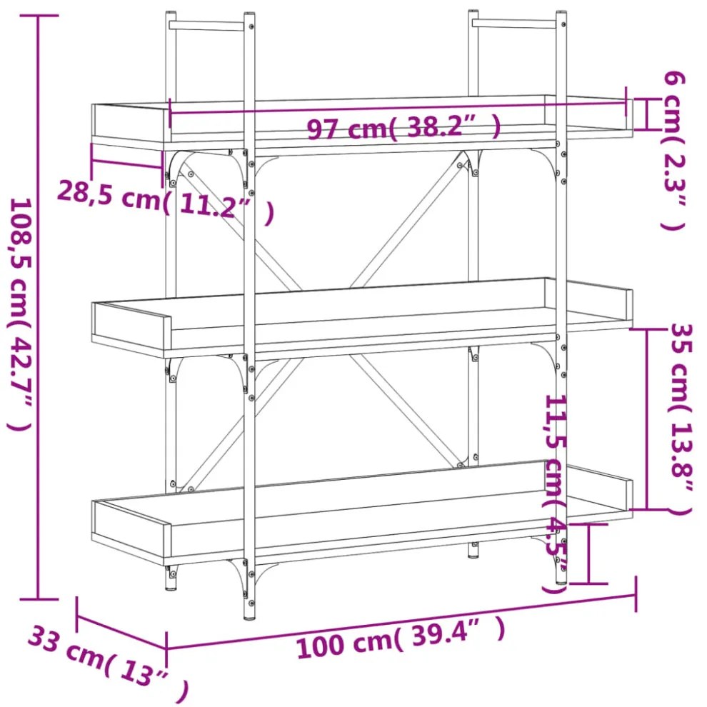3-szintes füstös tölgy szerelt fa könyvespolc 100x33x108,5 cm