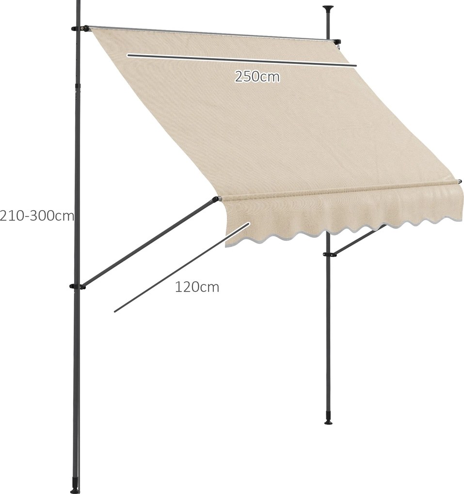 Outsunny Önálló Kézi Kihúzható Napernyő 2.5L x 1.2W x 2.1-3H m Állítható Dőlésszögű Erkélyhez Fúrás Nélkül Alumínium Fém Poliészter Homok | Aosom
