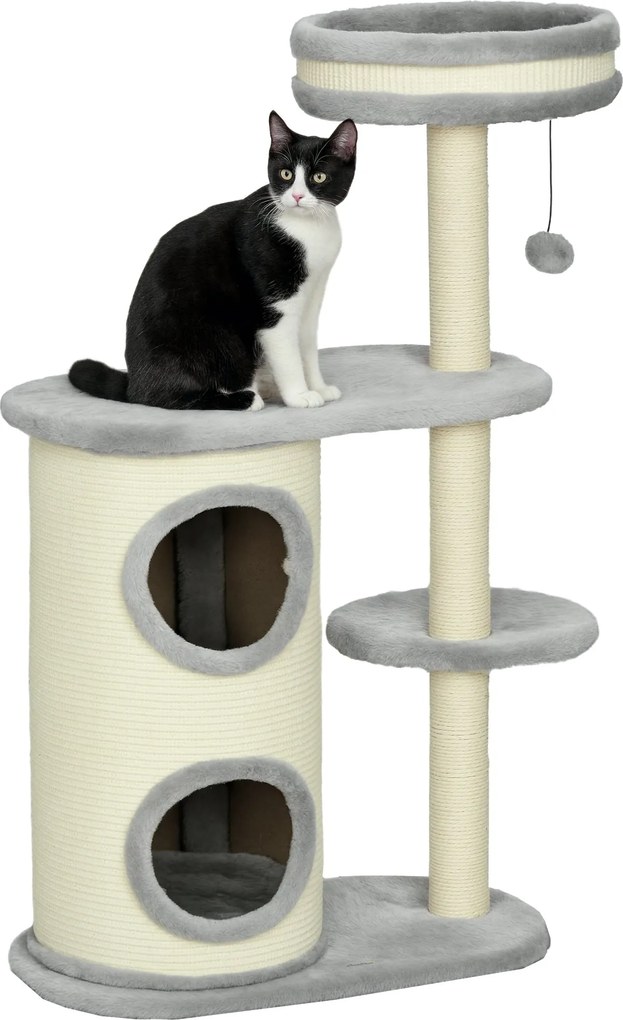 PawHut Macska Fa, 100 cm, Mászófa Kaparóoszloppal, Macska Kaparó Sziszál Oszloppal és Játék Labdával, Macska Bútor Párnával, Plüss, Szürke | Aosom