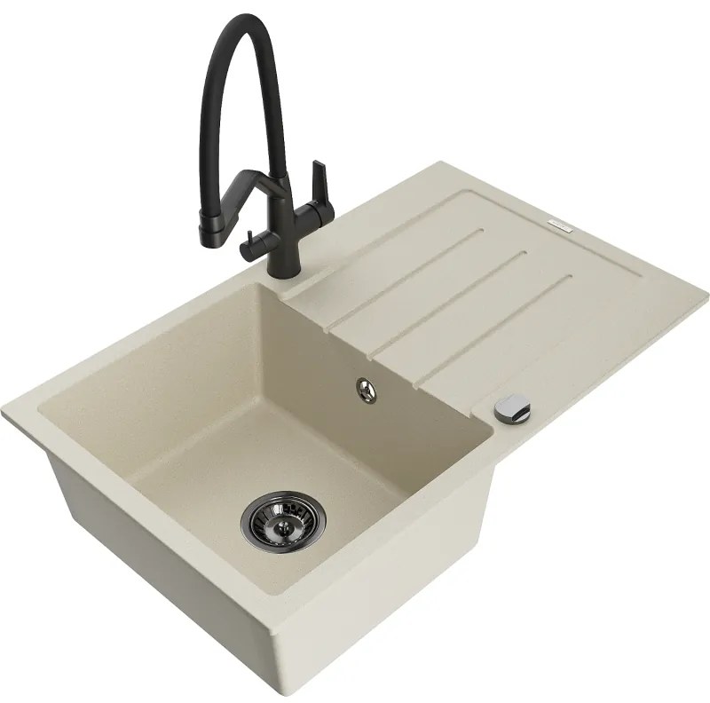 Mexen Bruno egymedencés gránit mosogató csepegtetővel és Duo konyhai csapteleppel, bézs - 6513-69-671701-70-B