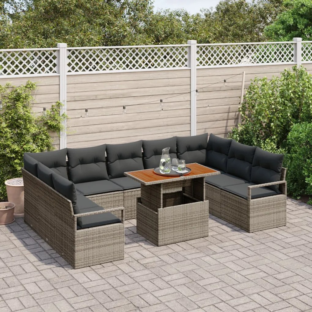 10 Darabos Kert Kanapé Szett Párnákkal Szürke Poli Rattan Akácfával, 2-Fős Kert Kanapé Párnákkal Szürke Poli Rattan