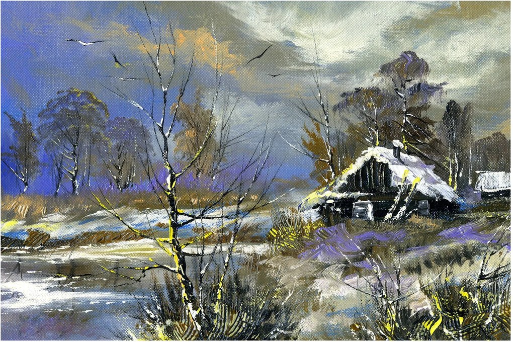 Téli tájon lévő házikó képe, olajfestmény (90x60 cm)