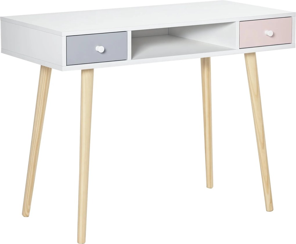 HOMCOM Gyermek Íróasztal Konzol Tábla 1 Nyitott Részleggel és 2 Fiókkal, Skandináv Stílusban, Tanuláshoz, Előszobába, Hálószobába, 100x48x76.5 cm, Töb