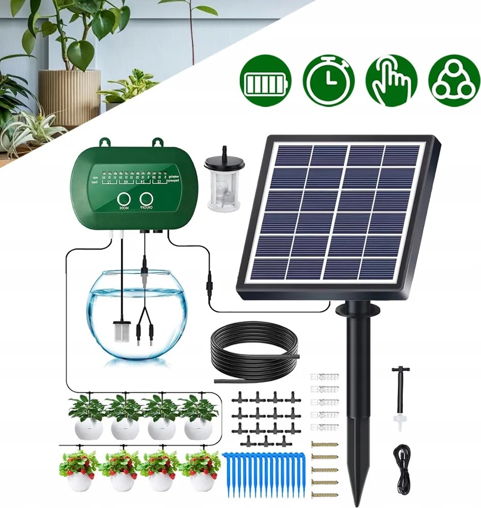 Napelemes öntözőrendszer, üvegházi öntözés, 15 csepegtetővel