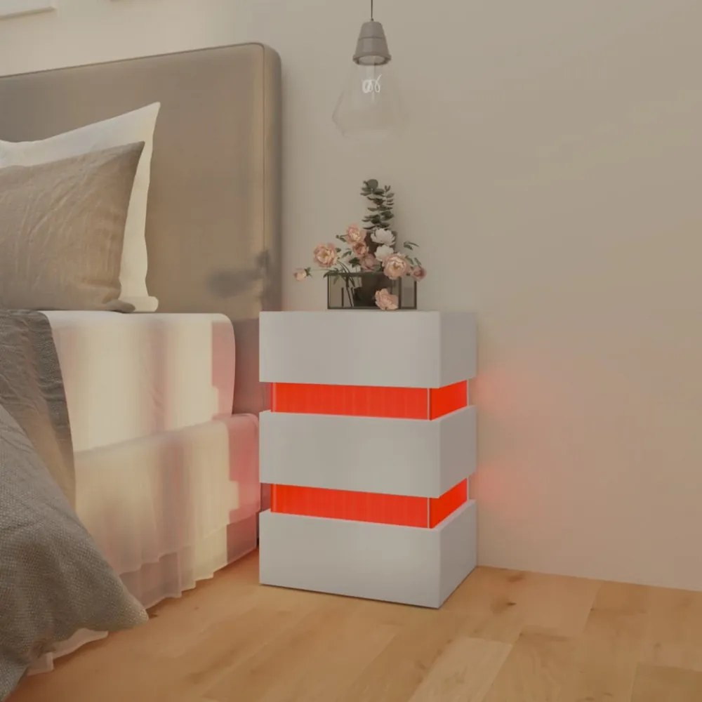 magasfényű fehér szerelt fa LED-es éjjeliszekrény 45x35x67 cm