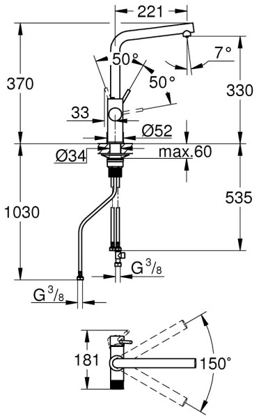 GROHE 30600000 - BLUE PURE L-kifolyós konyhai csaptelep, fényes króm