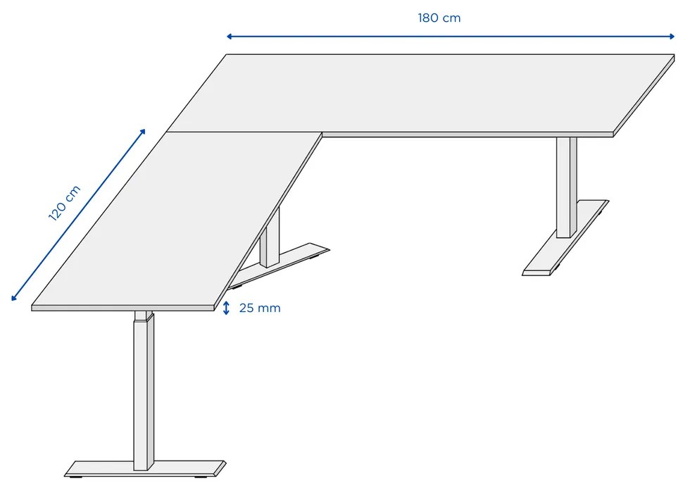 OfficeTech Angle állítható magasságú asztal, 180 + 120 cm, fehér alap, fehér