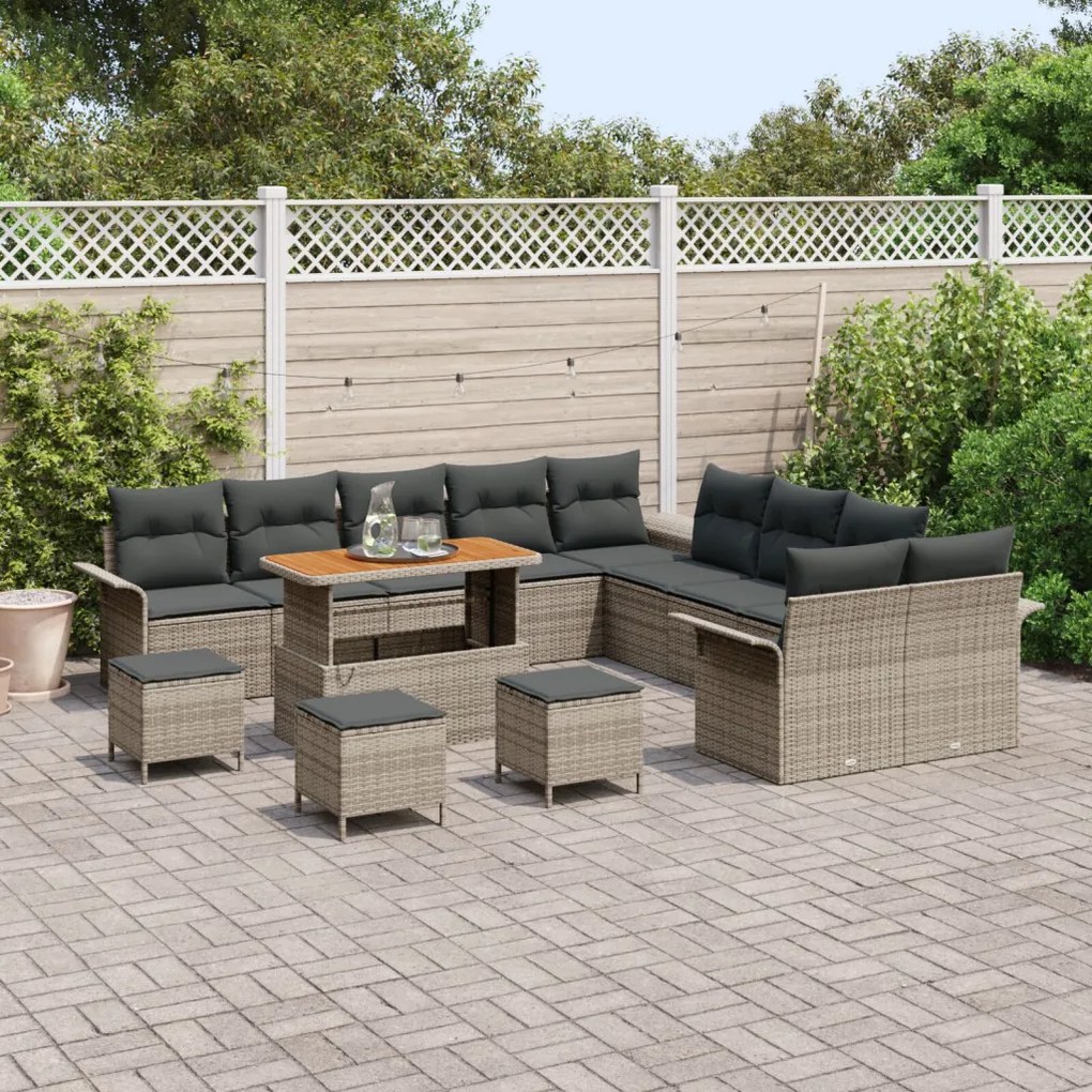 13 darabos kertiszófa szett párnákkal Szürke Poli Rattan Akác, 2-személyes kertiszófa tárolóval és párnákkal Szürke Poli Rattan, 3 darabos kertibútor szett párnákkal Szürke Poli Rattan Akác
