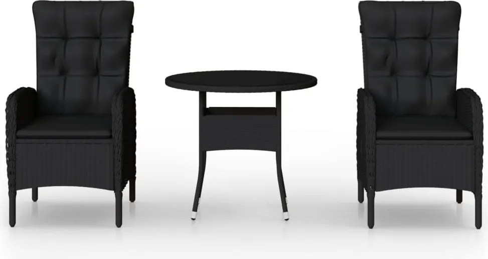 vidaXL 3 részes fekete polyrattan kerti bisztrószett