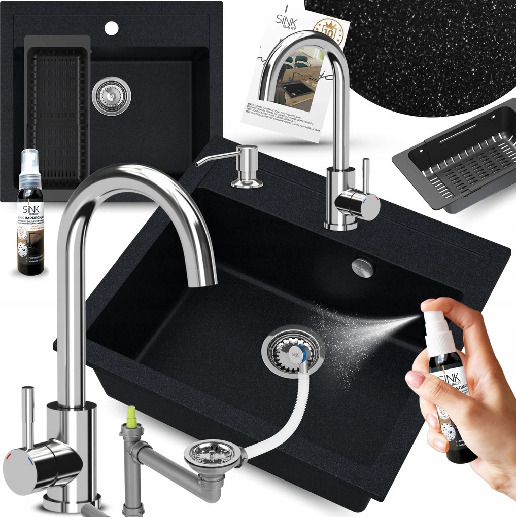 Gránit Mosogató Egykamrás 60 cm metál Csaptelepes adagolóval