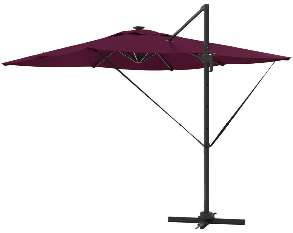 Cantilever Roma napernyő LED világítással, Bordeaux vörös, 286 x 285 x 270 cm alumínium.
