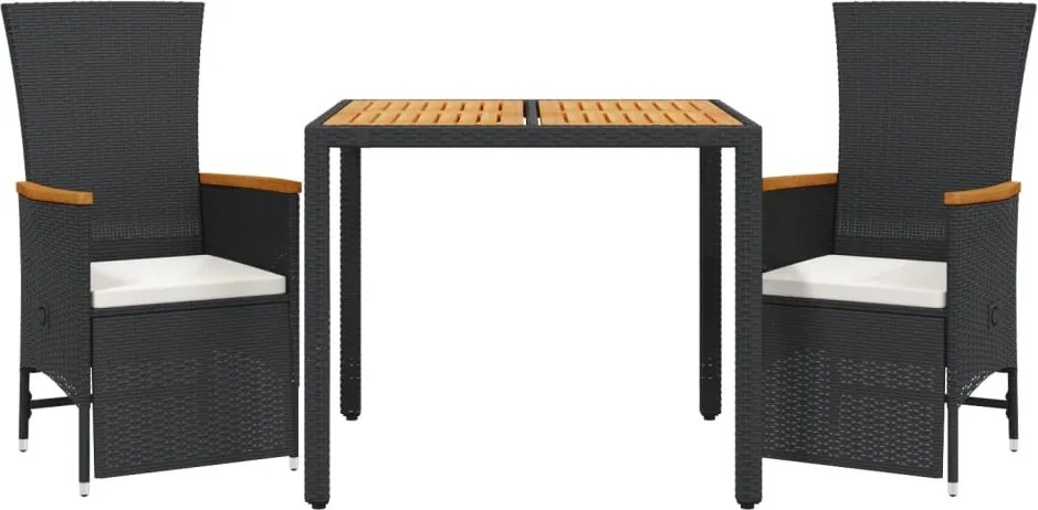 vidaXL 3 részes fekete polyrattan kerti étkezőgarnitúra párnákkal