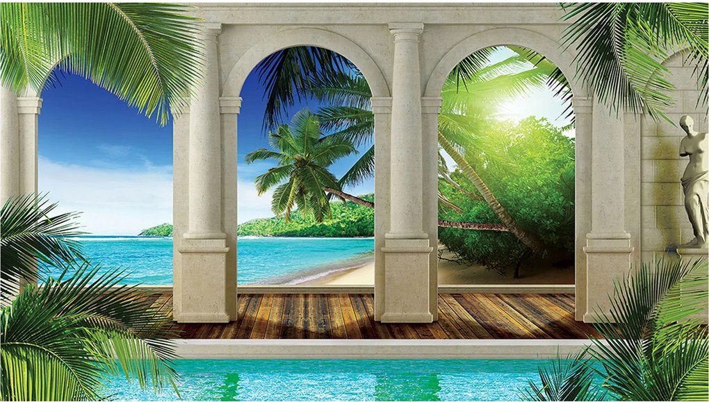 Flizelin fotótapéta Pálma medence óceán trópusok ívek 350x250 +ragasztó