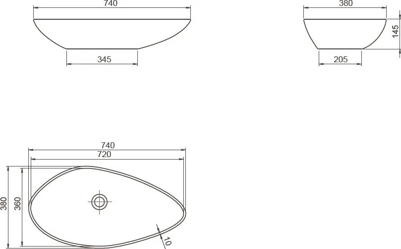 CeraStyle OLIVE - PULTRA ültethető - Top Counter - porcelán mosdó - MATT FEKETE -75 x 38 cm