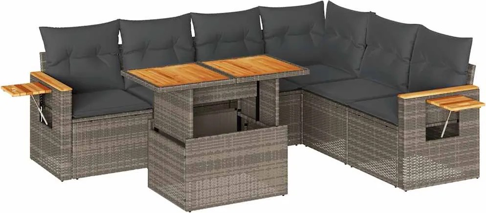 vidaXL 7 részes szürke polyrattan akácfa kerti ülőgarnitúra párnákkal