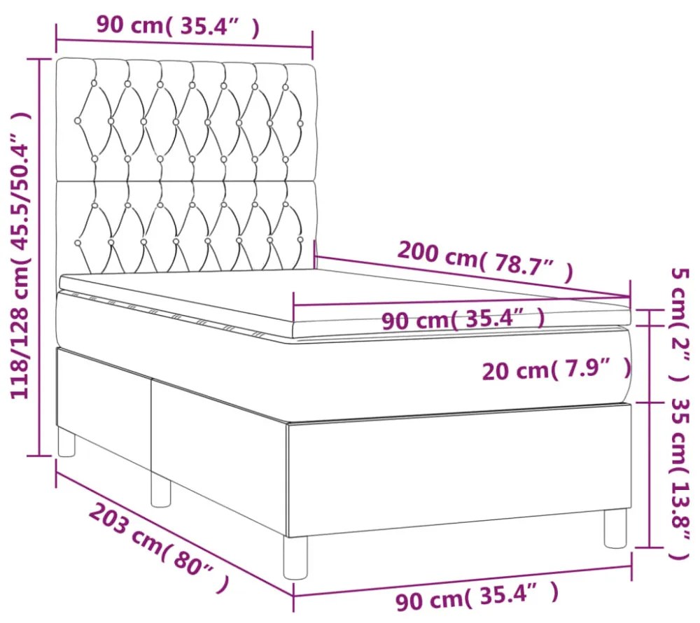 sötétszürke bársony rugós és LED-es ágy matraccal 90x200 cm