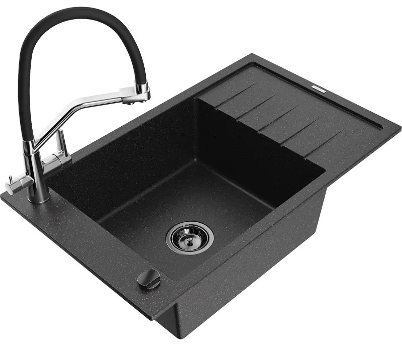 Mexen Elias gránit mosogató egykamrás csepegtetővel és Duo konyhai csapteleppel, fekete/ezüst metál - 6511-73-671701-07-B